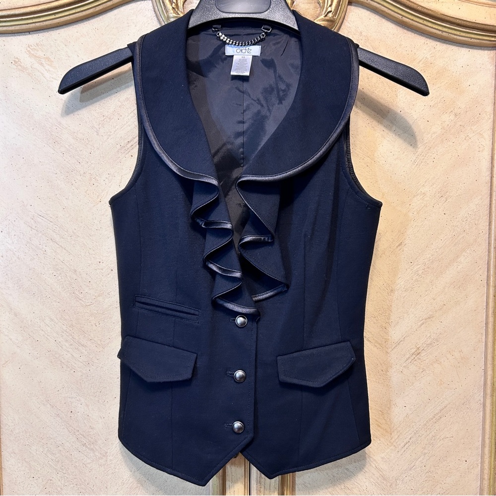 Cache Black Ruffle Front Satin Trim Vest